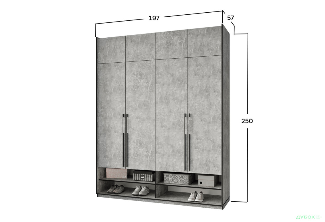 Шафа Moreli Ramo / Рамо R-0010 4-дверна зі штангою справа, полицями та антресоллю 196,8 см, бетон - Зображення 3 Зображення 3 - Шафа Moreli Ramo / Рамо R-0010 4-дверна зі штангою справа, полицями та антресоллю 196,8 см, бетон