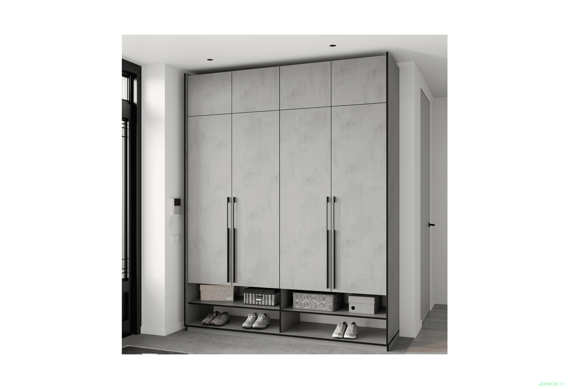 Шафа Moreli Ramo / Рамо R-0010 4-дверна зі штангою справа, полицями та антресоллю 196,8 см, бетон тефра - Зображення 2 Зображення 2 - Шафа Moreli Ramo / Рамо R-0010 4-дверна зі штангою справа, полицями та антресоллю 196,8 см, бетон тефра