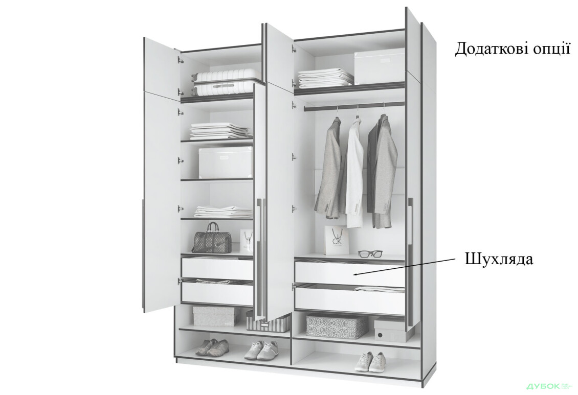 Шафа Moreli Ramo / Рамо R-0010 4-дверна зі штангою справа, полицями та антресоллю 196,8 см, зелений димчастий - Зображення 5 Зображення 5 - Шафа Moreli Ramo / Рамо R-0010 4-дверна зі штангою справа, полицями та антресоллю 196,8 см, зелений димчастий