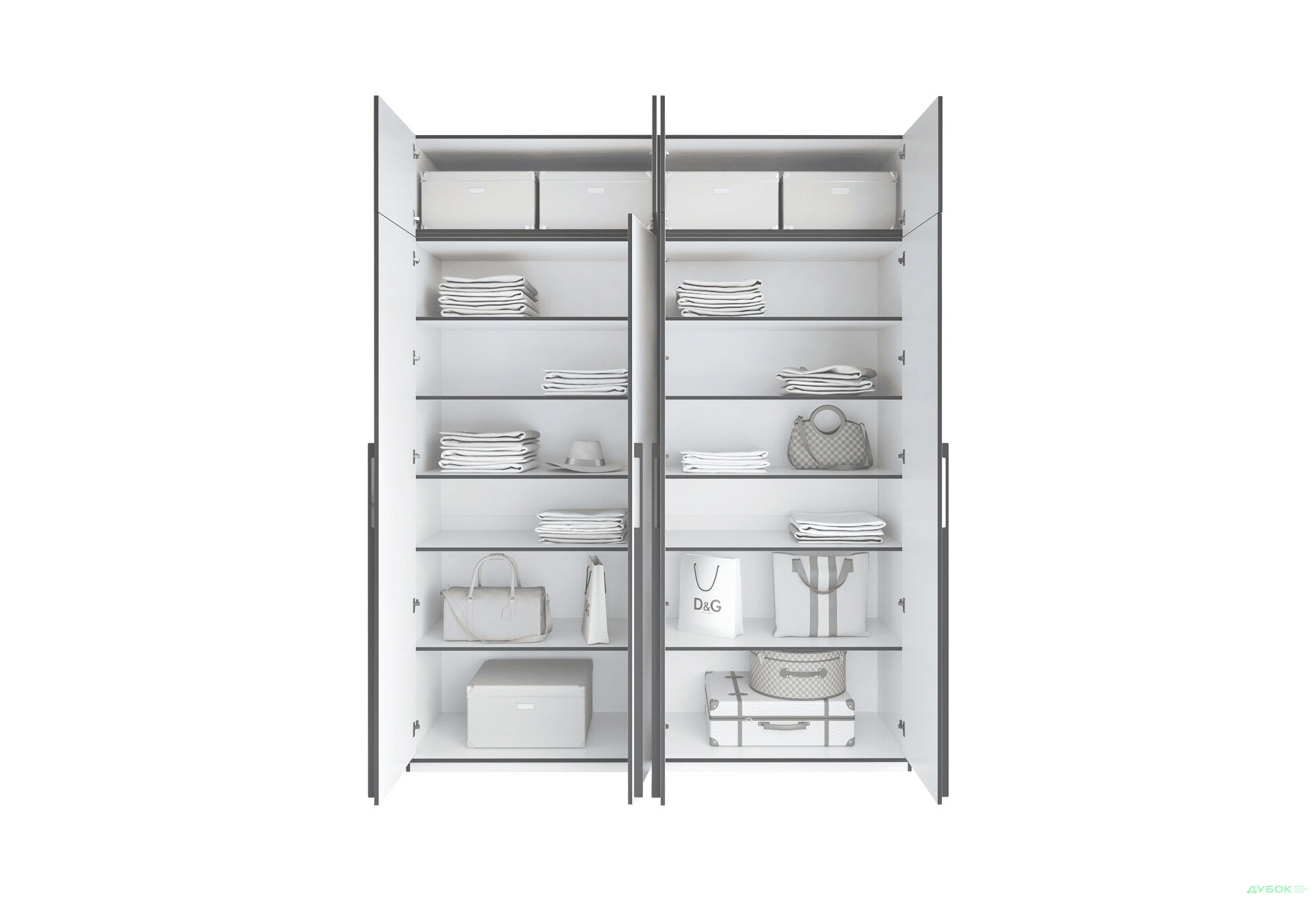 Шафа Moreli Ramo / Рамо R-0017 4-дверна з полицями та антресоллю 196,8 см, бетон тефра - Зображення 4 Зображення 4 - Шафа Moreli Ramo / Рамо R-0017 4-дверна з полицями та антресоллю 196,8 см, бетон тефра