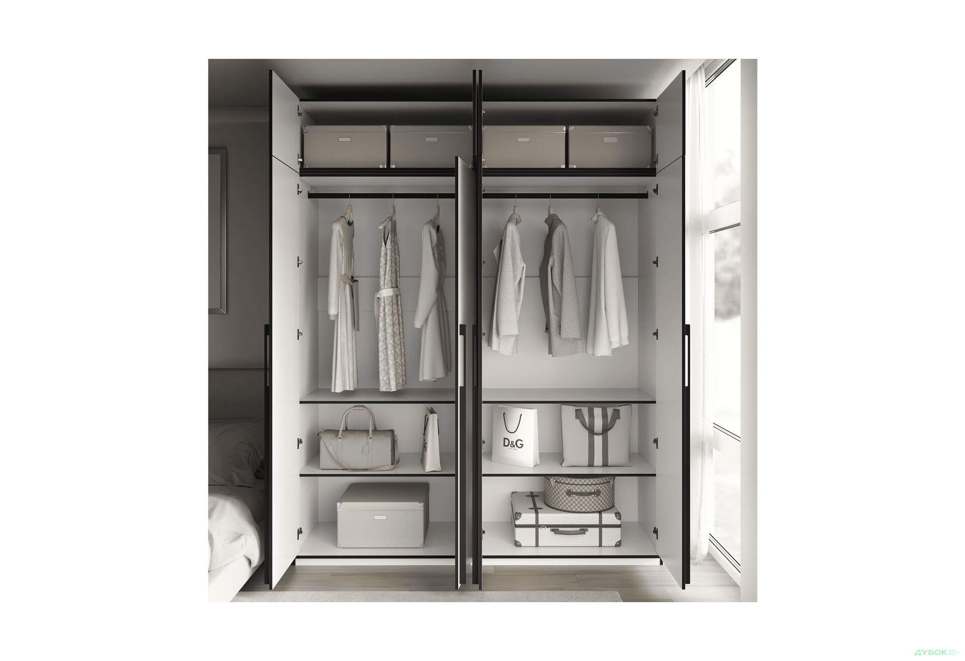 Шкаф Moreli Ramo / Рамо R-0018 4-дверный со штангами, полками и антресолью 196,8 см, белый - Изображение 3 Изображение 3 - Шкаф Moreli Ramo / Рамо R-0018 4-дверный со штангами, полками и антресолью 196,8 см, белый