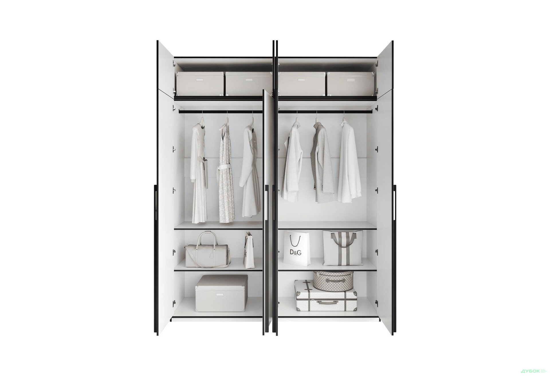 Шкаф Moreli Ramo / Рамо R-0018 4-дверный со штангами, полками и антресолью 196,8 см, белый - Изображение 5 Изображение 5 - Шкаф Moreli Ramo / Рамо R-0018 4-дверный со штангами, полками и антресолью 196,8 см, белый