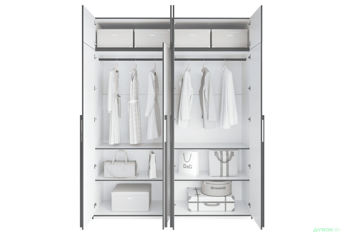 Шкаф Moreli Ramo / Рамо R-0018 4-дверный со штангами, полками и антресолью 196,8 см, антрацит - Изображение 4 Изображение 4 - Шкаф Moreli Ramo / Рамо R-0018 4-дверный со штангами, полками и антресолью 196,8 см, антрацит