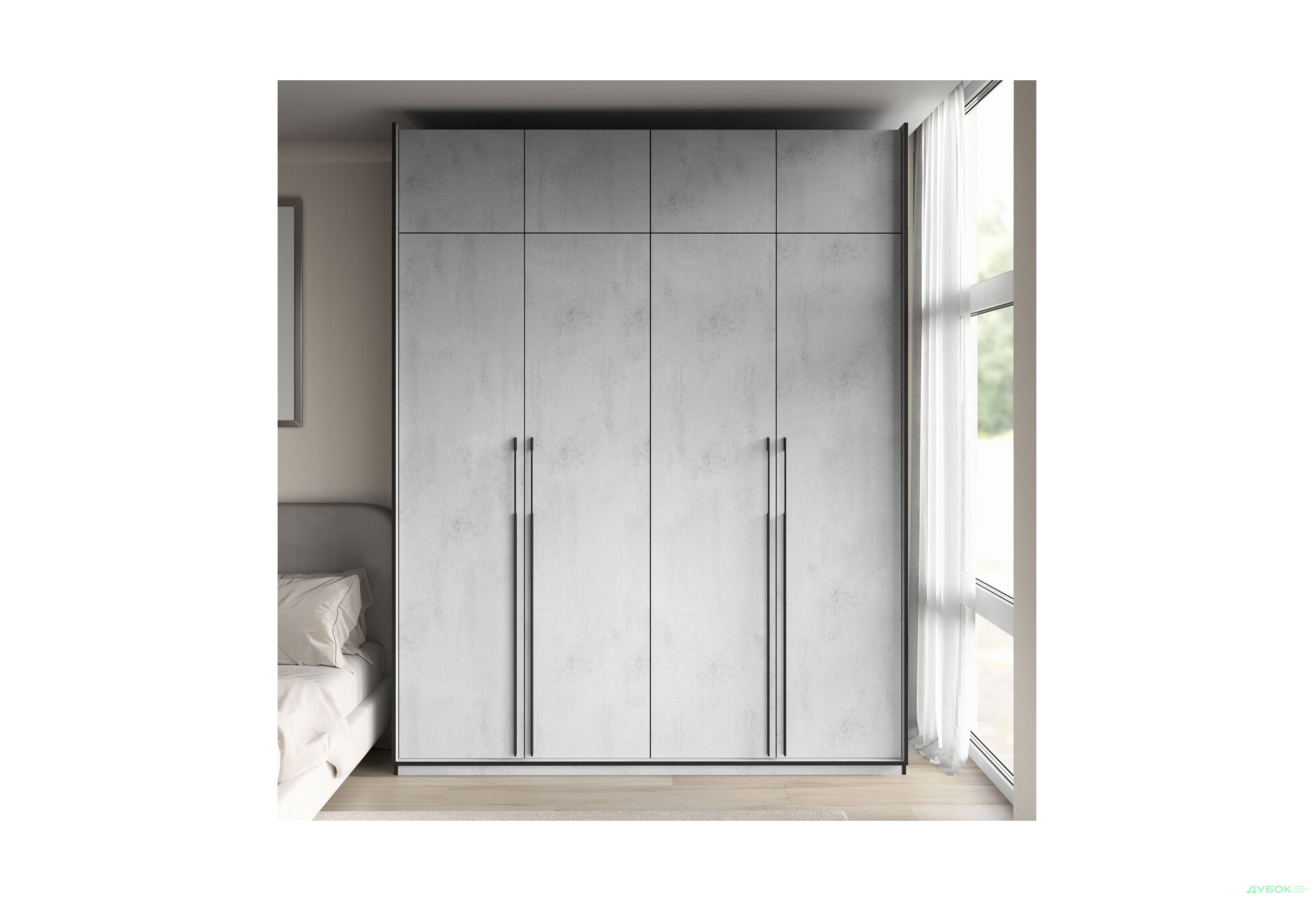 Шкаф Moreli Ramo / Рамо R-0018 4-дверный со штангами, полками и антресолью 196,8 см, бетон тефра - Изображение 2 Изображение 2 - Шкаф Moreli Ramo / Рамо R-0018 4-дверный со штангами, полками и антресолью 196,8 см, бетон тефра