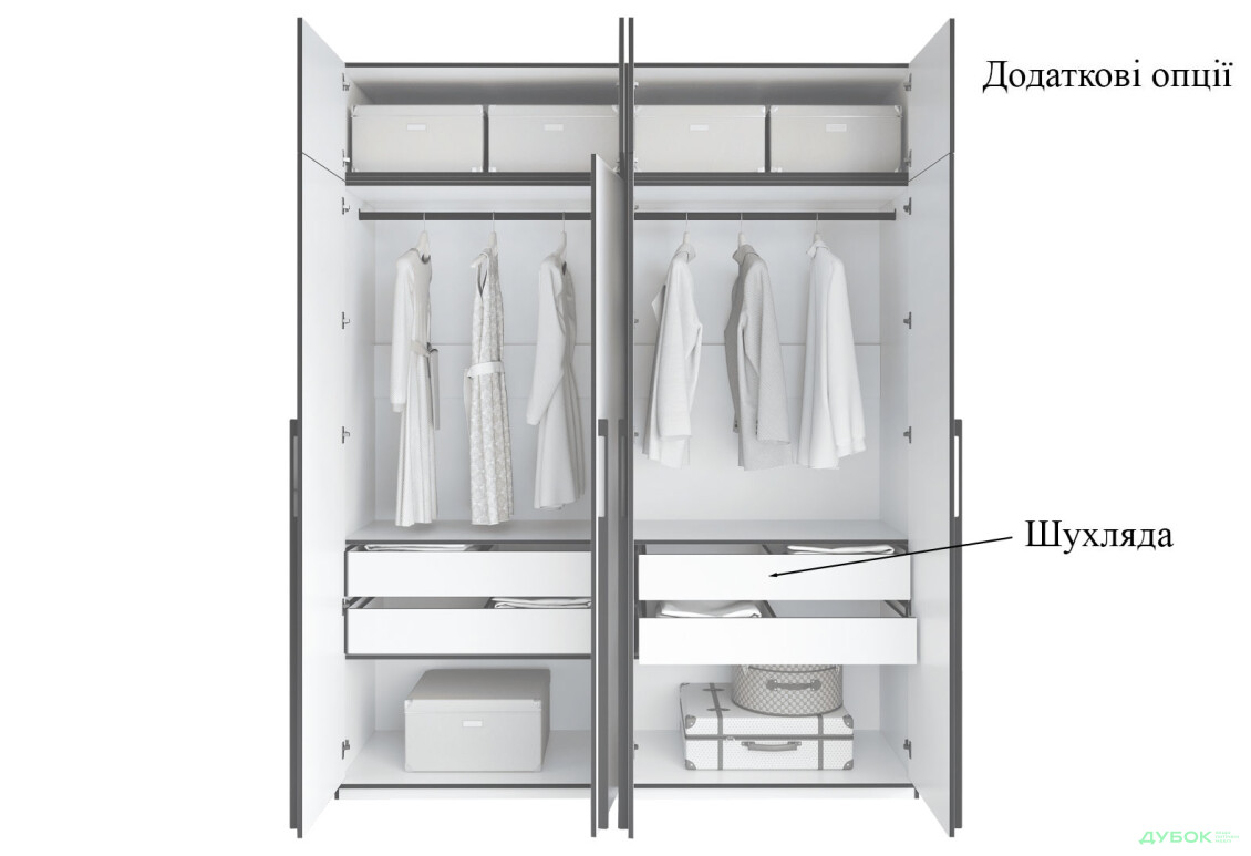 Шкаф Moreli Ramo / Рамо R-0018 4-дверный со штангами, полками и антресолью 196,8 см, бетон тефра - Изображение 5 Изображение 5 - Шкаф Moreli Ramo / Рамо R-0018 4-дверный со штангами, полками и антресолью 196,8 см, бетон тефра