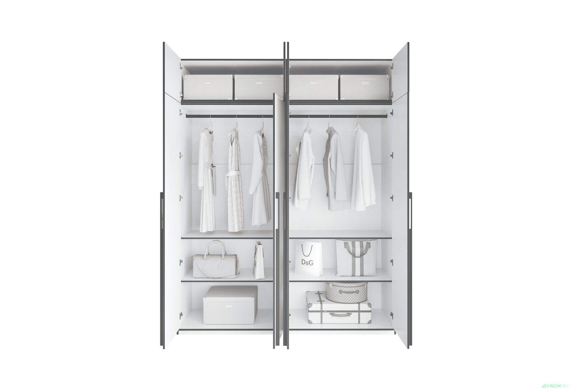 Шкаф Moreli Ramo / Рамо R-0018 4-дверный со штангами, полками и антресолью 196,8 см, бетон тефра - Изображение 4 Изображение 4 - Шкаф Moreli Ramo / Рамо R-0018 4-дверный со штангами, полками и антресолью 196,8 см, бетон тефра