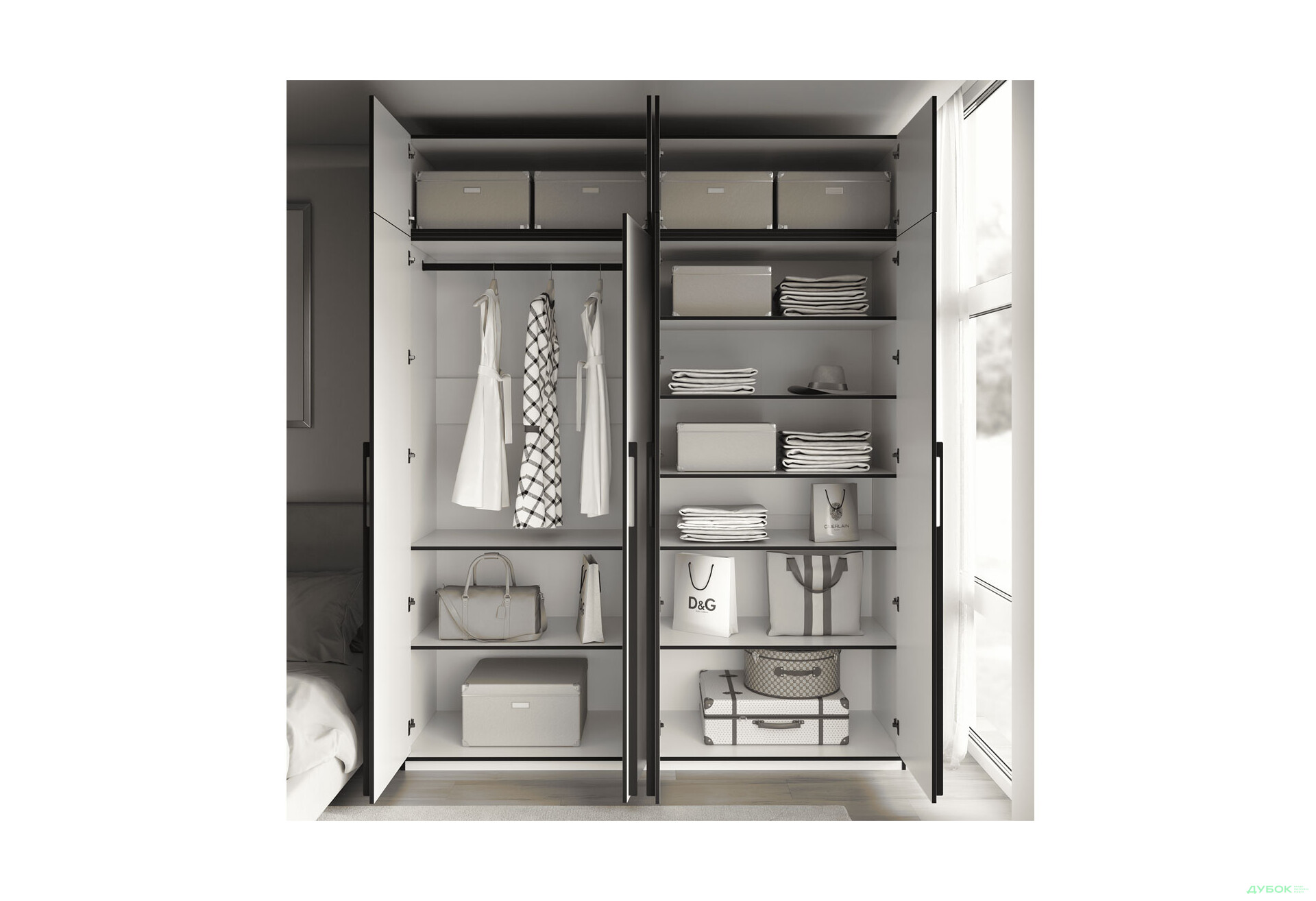 Шафа Moreli Ramo / Рамо R-0019 4-дверна зі штангою зліва, полицями та антресоллю 196,8 см, біла - Зображення 3 Зображення 3 - Шафа Moreli Ramo / Рамо R-0019 4-дверна зі штангою зліва, полицями та антресоллю 196,8 см, біла