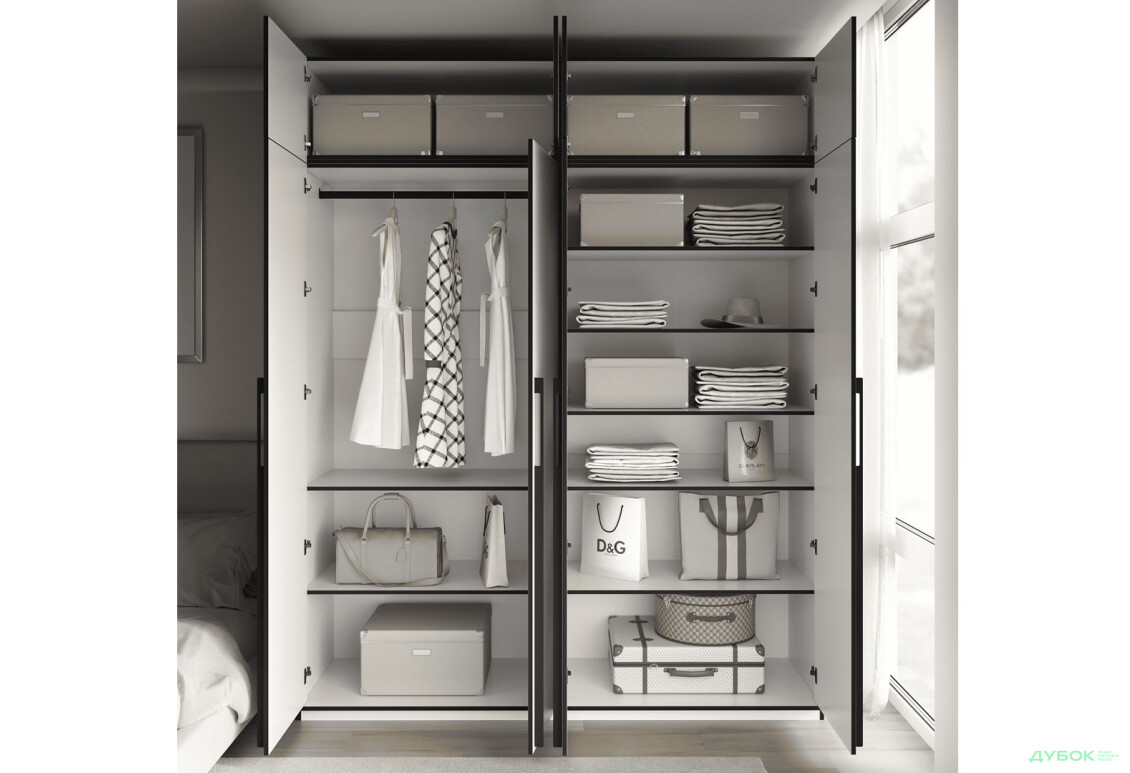 Шафа Moreli Ramo / Рамо R-0019 4-дверна зі штангою зліва, полицями та антресоллю 196,8 см, біла - Зображення 3 Зображення 3 - Шафа Moreli Ramo / Рамо R-0019 4-дверна зі штангою зліва, полицями та антресоллю 196,8 см, біла