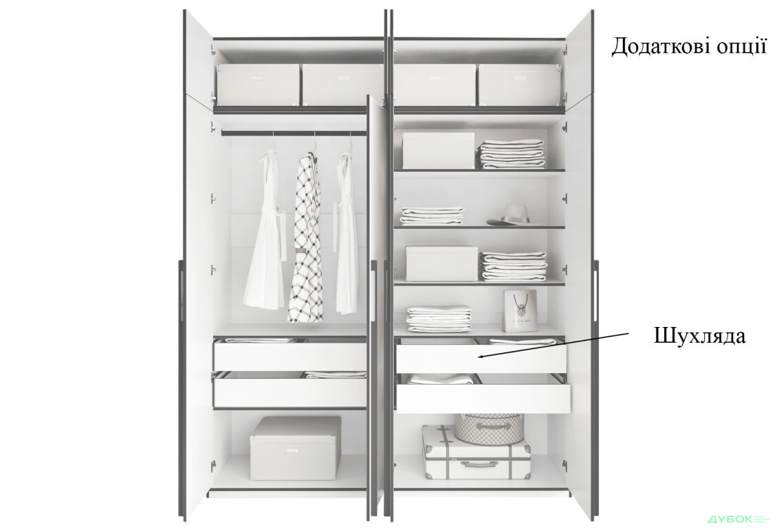 Шафа Moreli Ramo / Рамо R-0019 4-дверна зі штангою зліва, полицями та антресоллю 196,8 см, антрацит - Зображення 5 Зображення 5 - Шафа Moreli Ramo / Рамо R-0019 4-дверна зі штангою зліва, полицями та антресоллю 196,8 см, антрацит