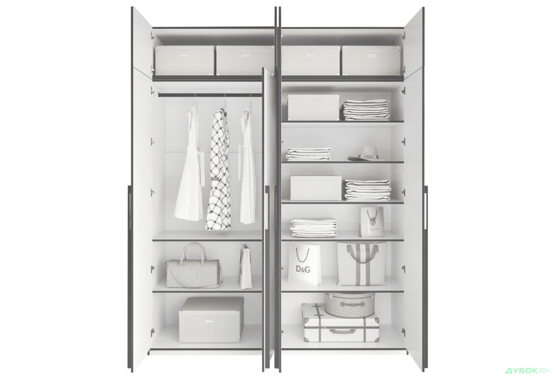 Шафа Moreli Ramo / Рамо R-0019 4-дверна зі штангою зліва, полицями та антресоллю 196,8 см, дуб сонома - Зображення 4 Зображення 4 - Шафа Moreli Ramo / Рамо R-0019 4-дверна зі штангою зліва, полицями та антресоллю 196,8 см, дуб сонома