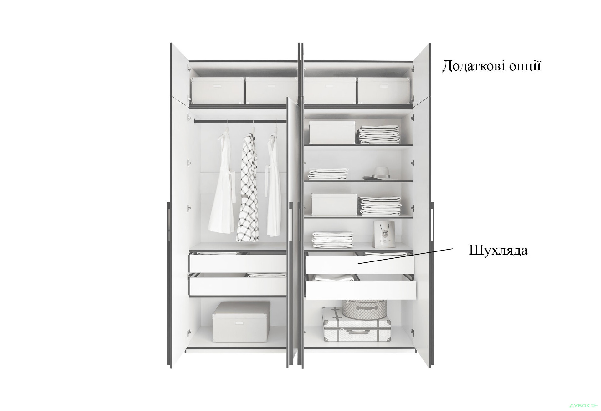 Шафа Moreli Ramo / Рамо R-0019 4-дверна зі штангою зліва, полицями та антресоллю 196,8 см, дуб сонома - Зображення 5 Зображення 5 - Шафа Moreli Ramo / Рамо R-0019 4-дверна зі штангою зліва, полицями та антресоллю 196,8 см, дуб сонома