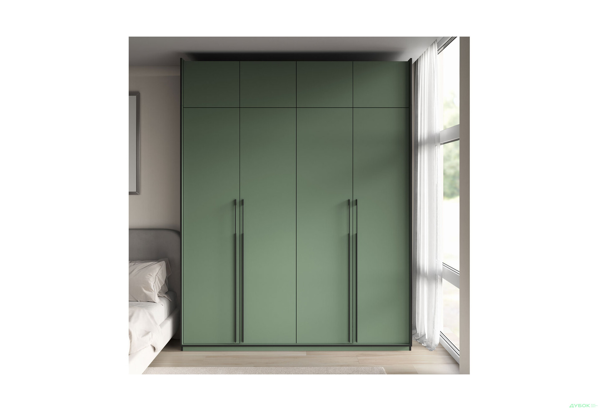 Шкаф Moreli Ramo / Рамо R-0019 4-дверный со штангой слева, полками и антресолью 196,8 см, зеленый дымчатый - Изображение 2 Изображение 2 - Шкаф Moreli Ramo / Рамо R-0019 4-дверный со штангой слева, полками и антресолью 196,8 см, зеленый дымчатый