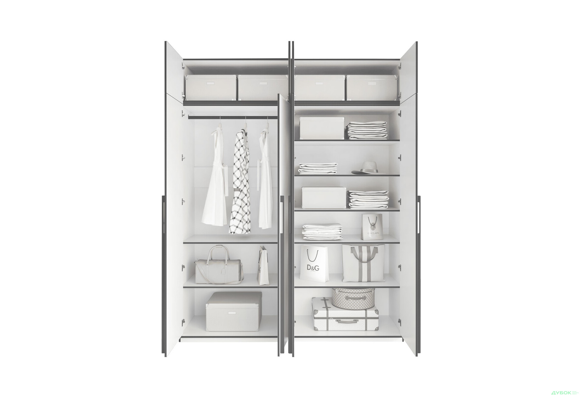 Шкаф Moreli Ramo / Рамо R-0019 4-дверный со штангой слева, полками и антресолью 196,8 см, зеленый дымчатый - Изображение 4 Изображение 4 - Шкаф Moreli Ramo / Рамо R-0019 4-дверный со штангой слева, полками и антресолью 196,8 см, зеленый дымчатый