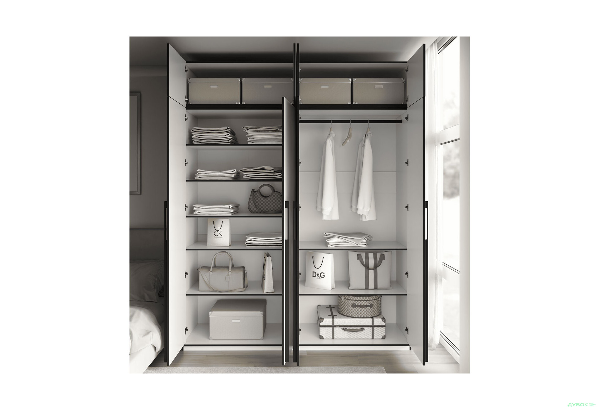 Шкаф Moreli Ramo / Рамо R-0020 4-дверный со штангой справа, полками и антресолью 196,8 см, белый - Изображение 3 Изображение 3 - Шкаф Moreli Ramo / Рамо R-0020 4-дверный со штангой справа, полками и антресолью 196,8 см, белый