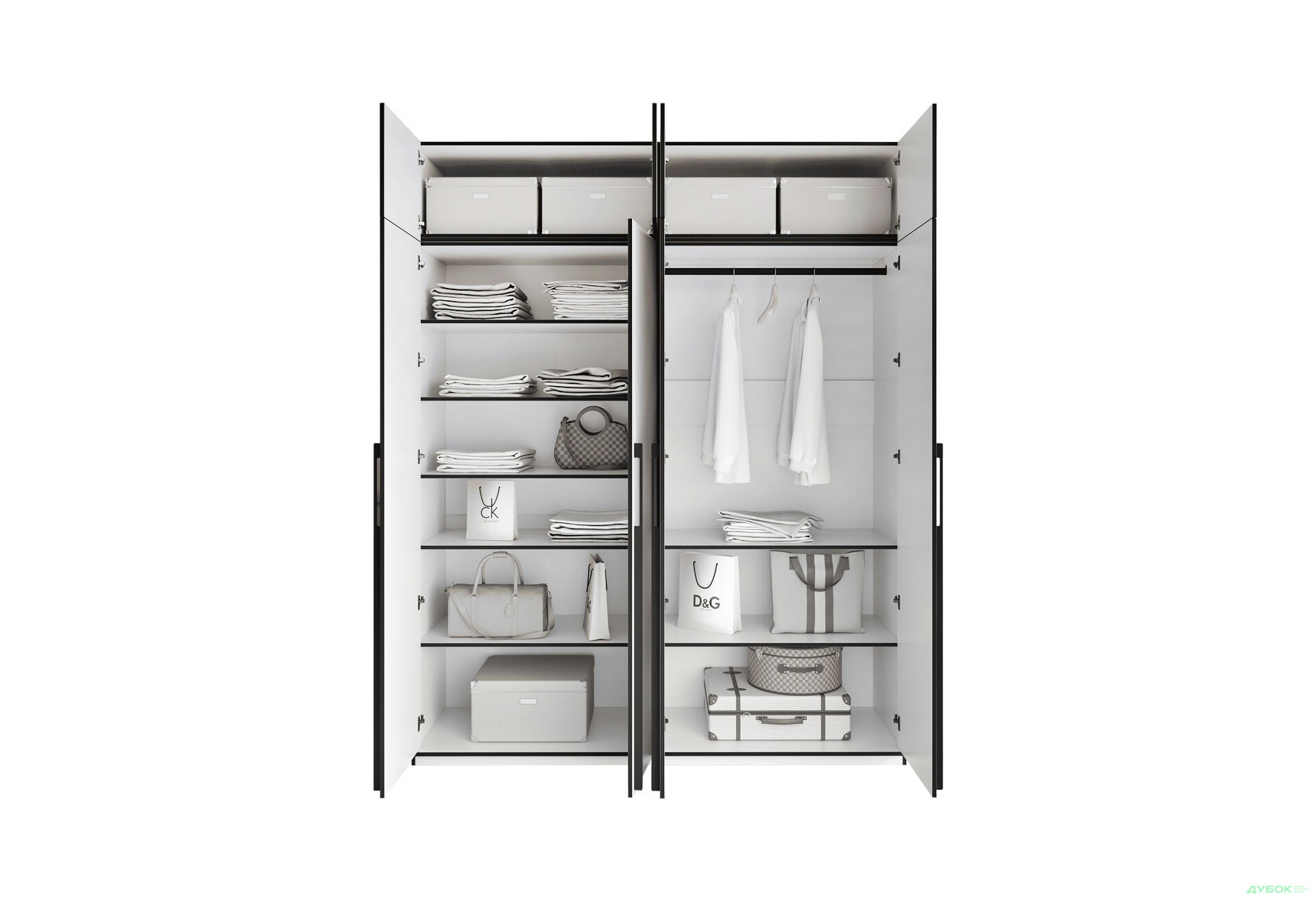 Шкаф Moreli Ramo / Рамо R-0020 4-дверный со штангой справа, полками и антресолью 196,8 см, белый - Изображение 5 Изображение 5 - Шкаф Moreli Ramo / Рамо R-0020 4-дверный со штангой справа, полками и антресолью 196,8 см, белый