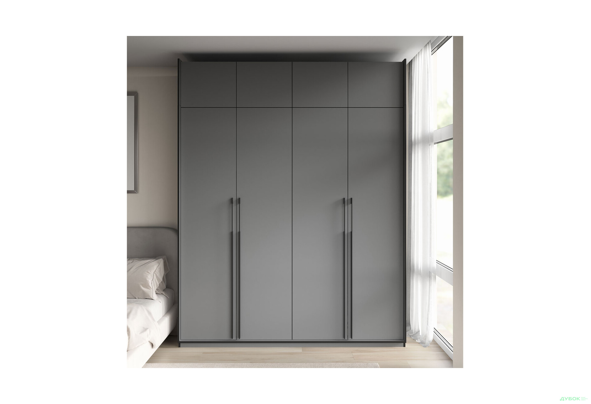 Шафа Moreli Ramo / Рамо R-0020 4-дверна зі штангою справа, полицями та антресоллю 196,8 см, антрацит - Зображення 2 Зображення 2 - Шафа Moreli Ramo / Рамо R-0020 4-дверна зі штангою справа, полицями та антресоллю 196,8 см, антрацит