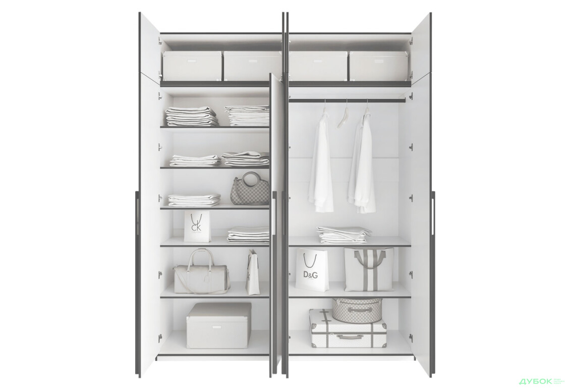 Шафа Moreli Ramo / Рамо R-0020 4-дверна зі штангою справа, полицями та антресоллю 196,8 см, кашемір - Зображення 4 Зображення 4 - Шафа Moreli Ramo / Рамо R-0020 4-дверна зі штангою справа, полицями та антресоллю 196,8 см, кашемір