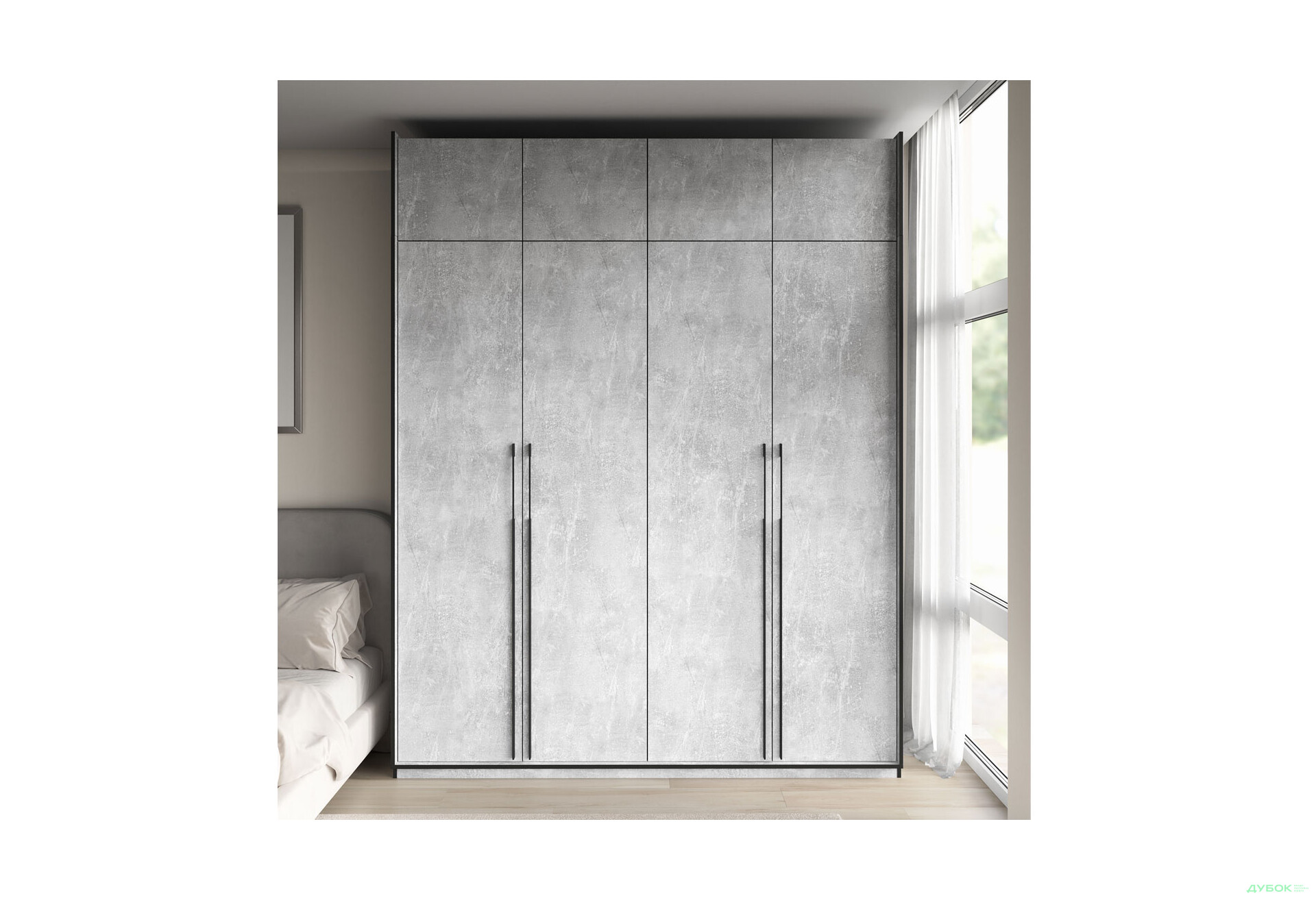 Шафа Moreli Ramo / Рамо R-0020 4-дверна зі штангою справа, полицями та антресоллю 196,8 см, бетон - Зображення 2 Зображення 2 - Шафа Moreli Ramo / Рамо R-0020 4-дверна зі штангою справа, полицями та антресоллю 196,8 см, бетон