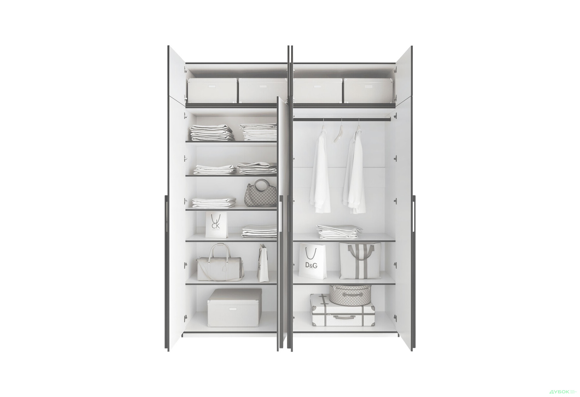 Шафа Moreli Ramo / Рамо R-0020 4-дверна зі штангою справа, полицями та антресоллю 196,8 см, бетон - Зображення 4 Зображення 4 - Шафа Moreli Ramo / Рамо R-0020 4-дверна зі штангою справа, полицями та антресоллю 196,8 см, бетон