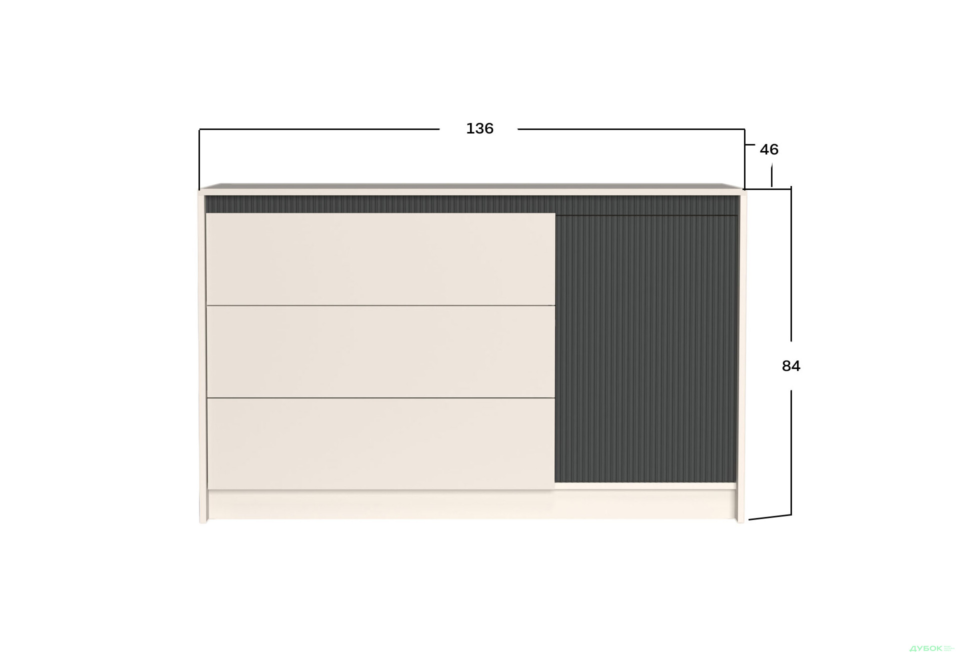 Комод Гербор Монако 1-дверний з 3 шухлядами 136 см, кашемір / елегантний сірий софттач - Зображення 4 Зображення 4 - Комод Гербор Монако 1-дверний з 3 шухлядами 136 см, кашемір / елегантний сірий софттач