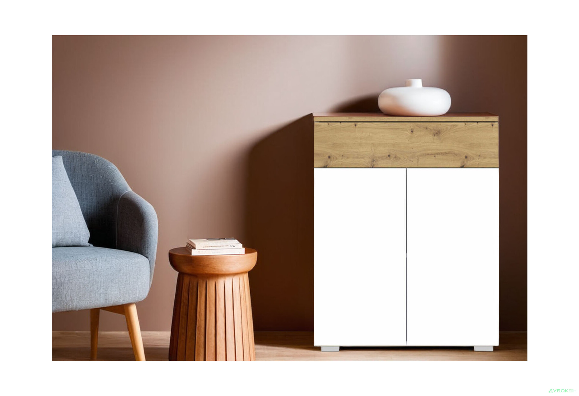 Комод Гербор Ребека KOM2D1S з 1 шухлядою та дверцятами, 68 см, дуб артизан / німфея альба - Зображення 2 Зображення 2 - Комод Гербор Ребека KOM2D1S з 1 шухлядою та дверцятами, 68 см, дуб артизан / німфея альба