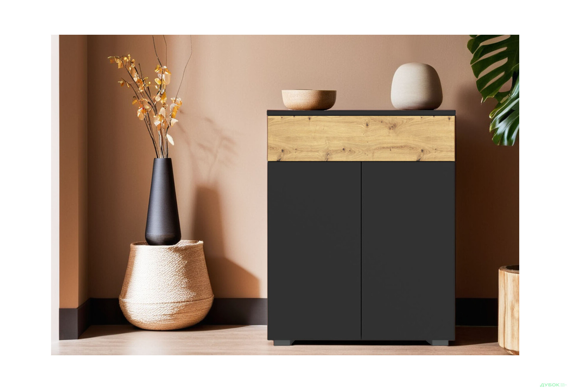 Комод Gerbor холдинг Ребека KOM2D1S с 1 ящиком и дверцами, 68 см, дуб артизан / чёрный - Изображение 2 Изображение 2 - Комод Gerbor холдинг Ребека KOM2D1S с 1 ящиком и дверцами, 68 см, дуб артизан / чёрный