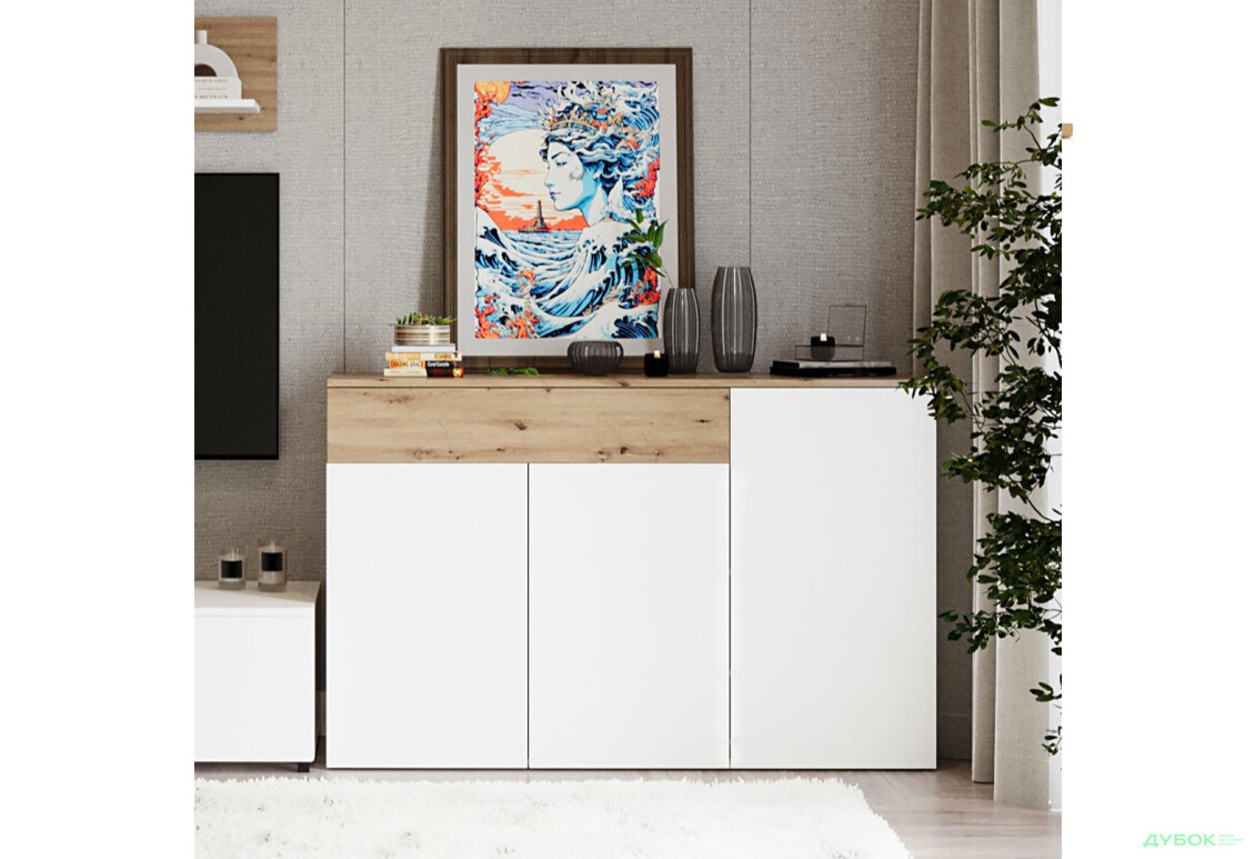 Комод Гербор Ребека KOM3D1S з 1 шухлядою та 3 дверцятами, 110 см, дуб артизан / німфея альба - Зображення 2 Зображення 2 - Комод Гербор Ребека KOM3D1S з 1 шухлядою та 3 дверцятами, 110 см, дуб артизан / німфея альба