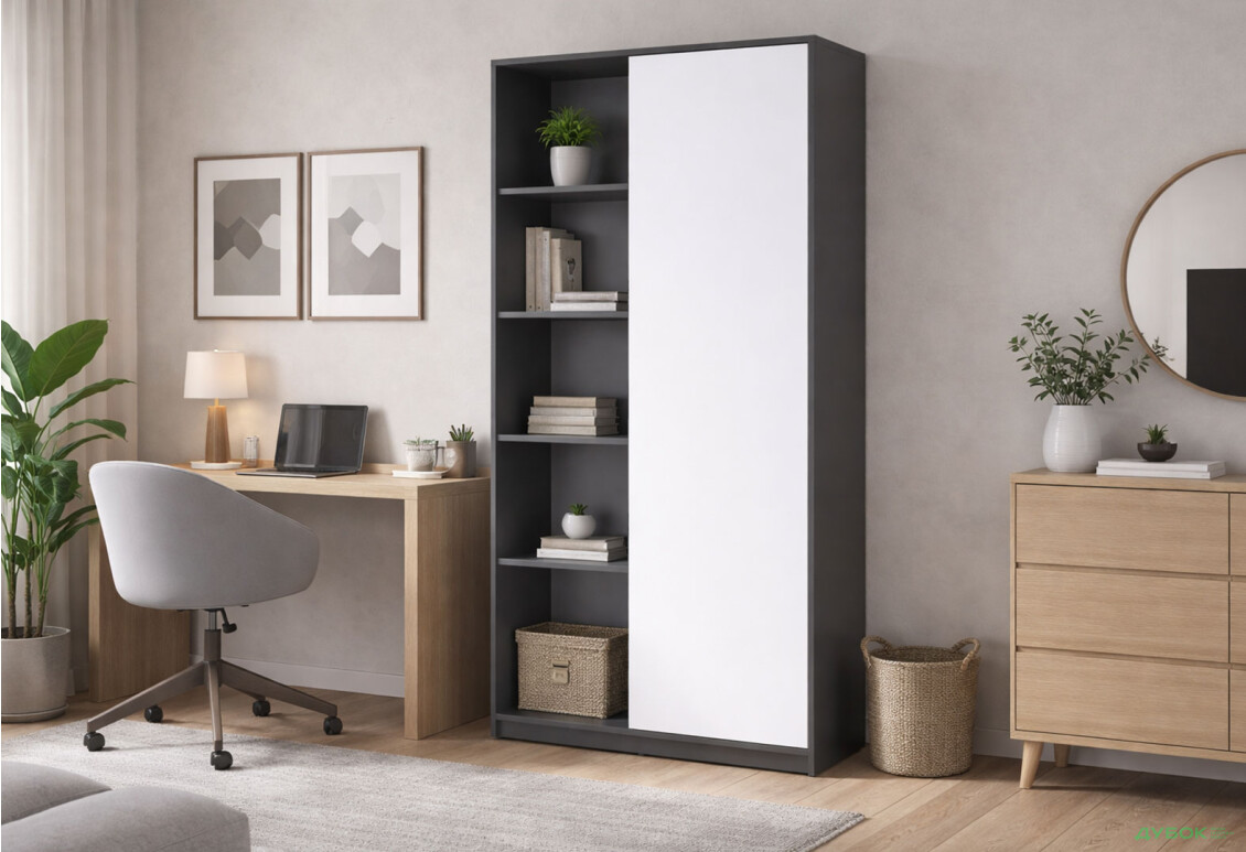 Зображення 2 - Шафа Doros Студент ДСП 1-дверна з полицями 90 см, графіт / білий