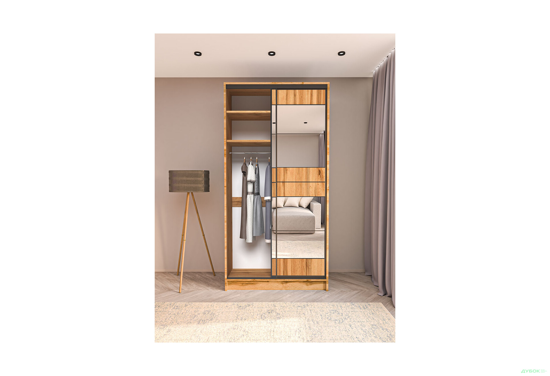 Зображення 3 - Шафа-купе дводверна 1200х600х2400 ДСП + Дзеркало Срібло, дуб аппалачі