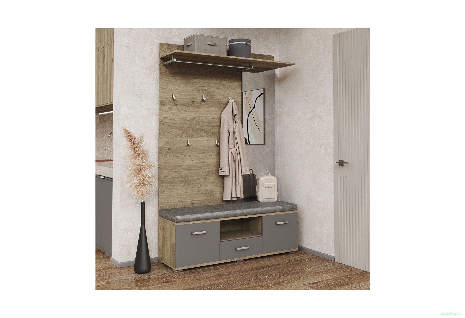 Передпокій Світ Меблів Бруна 130 см, дуб білий / сіра мишка - Зображення 1 Зображення 1 - Передпокій Світ Меблів Бруна 130 см, дуб білий / сіра мишка