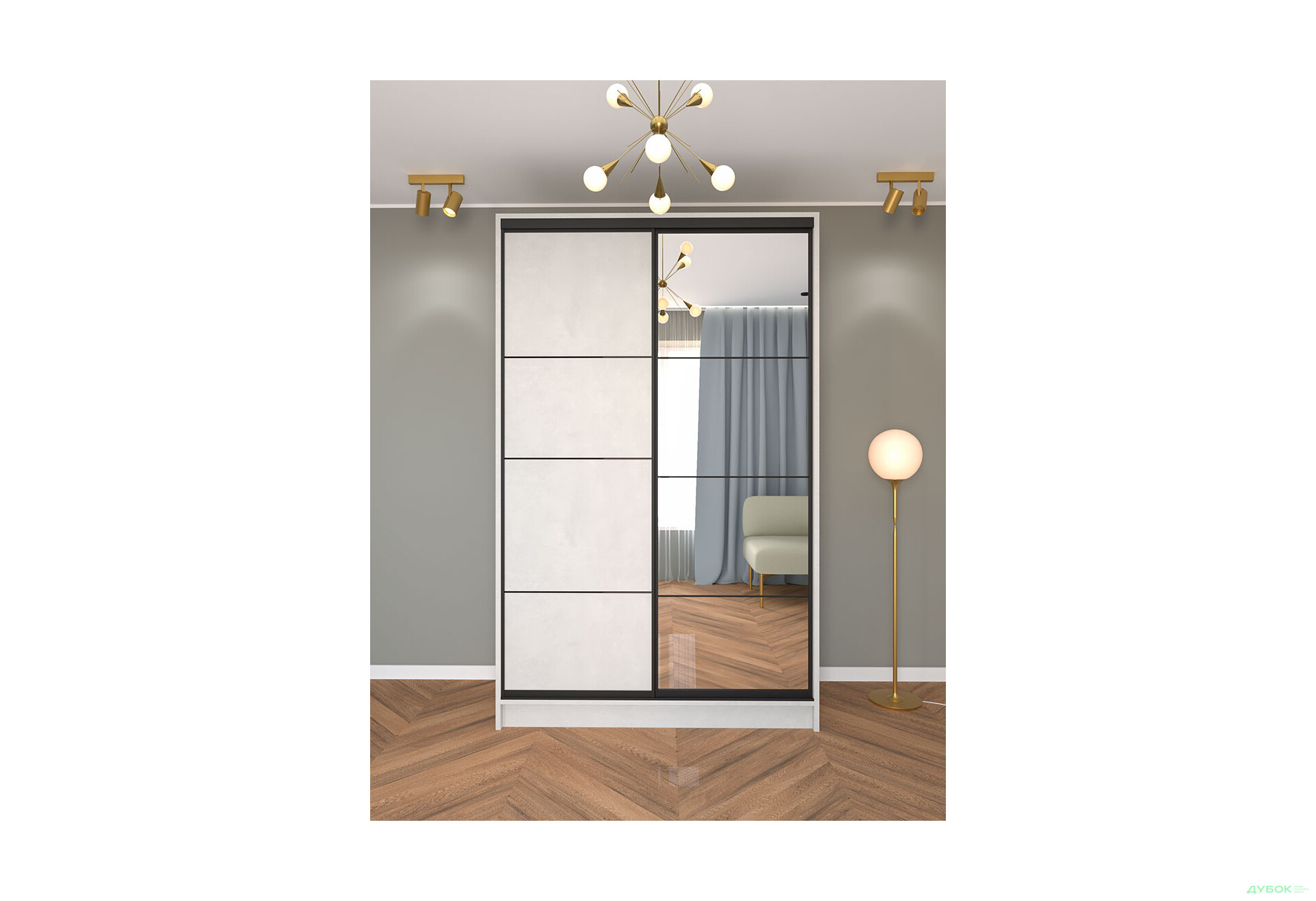 Шафа-купе Київський Стандарт 2Д 1500х2400х600 комбіновані ДСП + Дзеркало, бетон стайл - Зображення 2 Зображення 2 - Шафа-купе Київський Стандарт 2Д 1500х2400х600 комбіновані ДСП + Дзеркало, бетон стайл