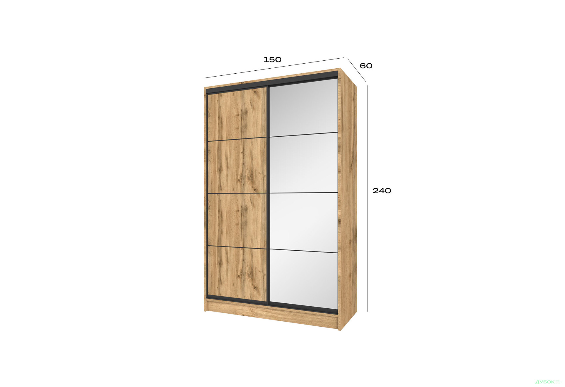 Зображення 7 - Шафа-купе Київський Стандарт 2Д 1500х2400х600 комбіновані ДСП + Дзеркало, дуб аппалачі