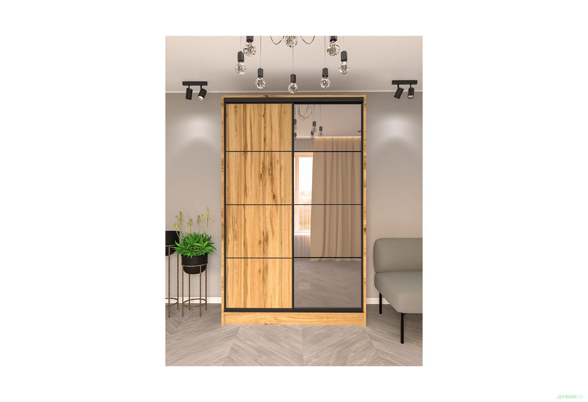 Зображення 2 - Шафа-купе Київський Стандарт 2Д 1500х2400х600 комбіновані ДСП + Дзеркало, дуб аппалачі