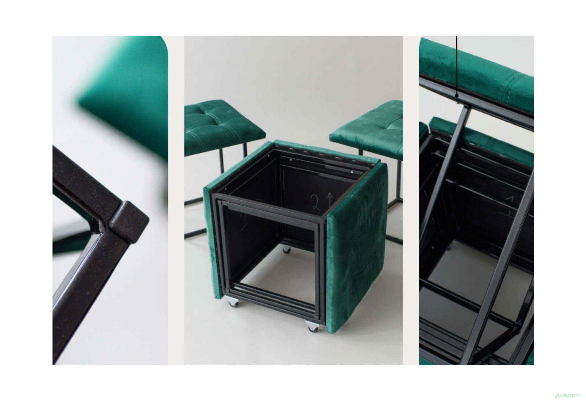 Пуф-трансформер Kredens furniture 5в1 50x50 см, Чорний метал / Зелений - Зображення 5 Зображення 5 - Пуф-трансформер Kredens furniture 5в1 50x50 см, Чорний метал / Зелений