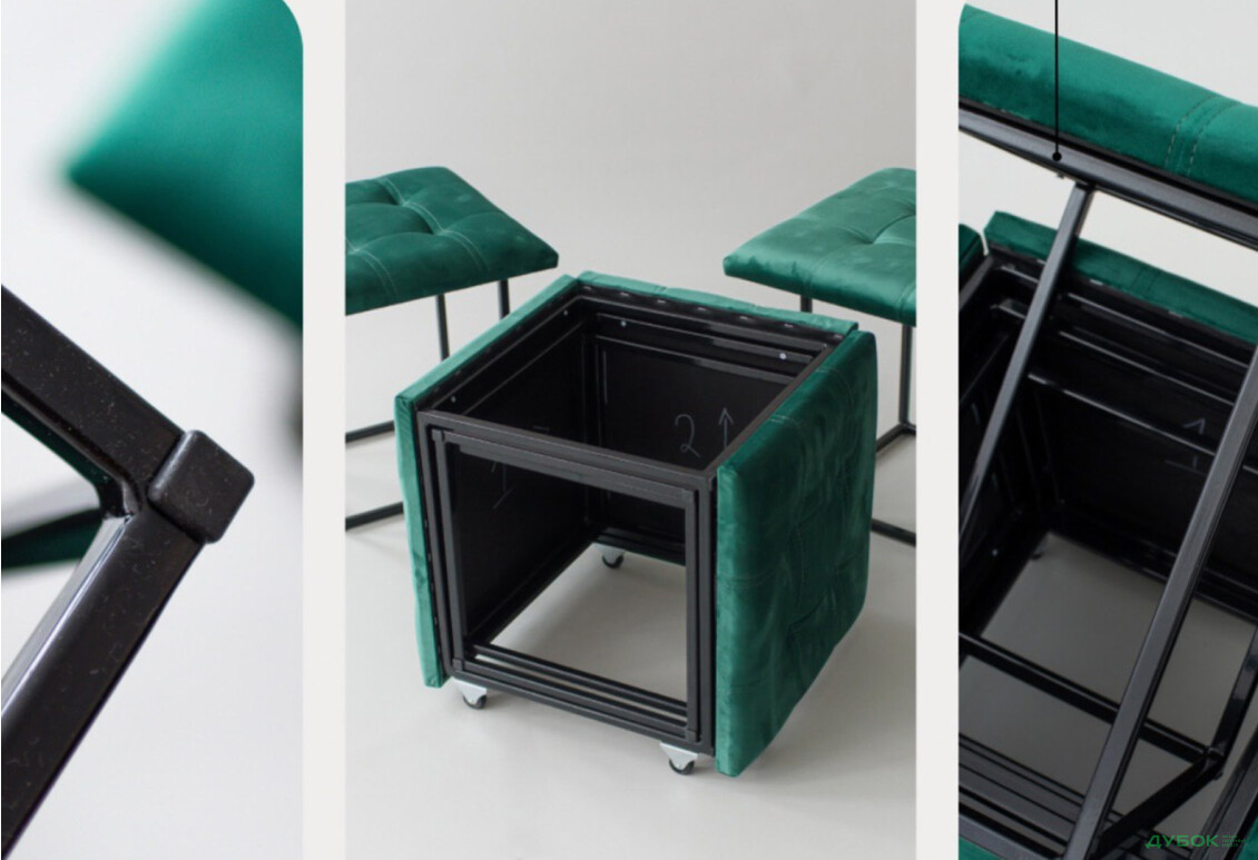 Зображення 4 - Пуф-трансформер Kredens furniture 5в1 50x50 см, Чорний метал / Зелений