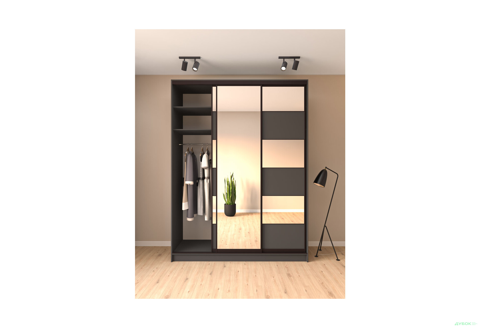 Шафа-купе Київський стандарт 3-дверна з дзеркалом та комбі ДСП / дзеркало 180x240x60 см, антрацит - Зображення 3 Зображення 3 - Шафа-купе Київський стандарт 3-дверна з дзеркалом та комбі ДСП / дзеркало 180x240x60 см, антрацит