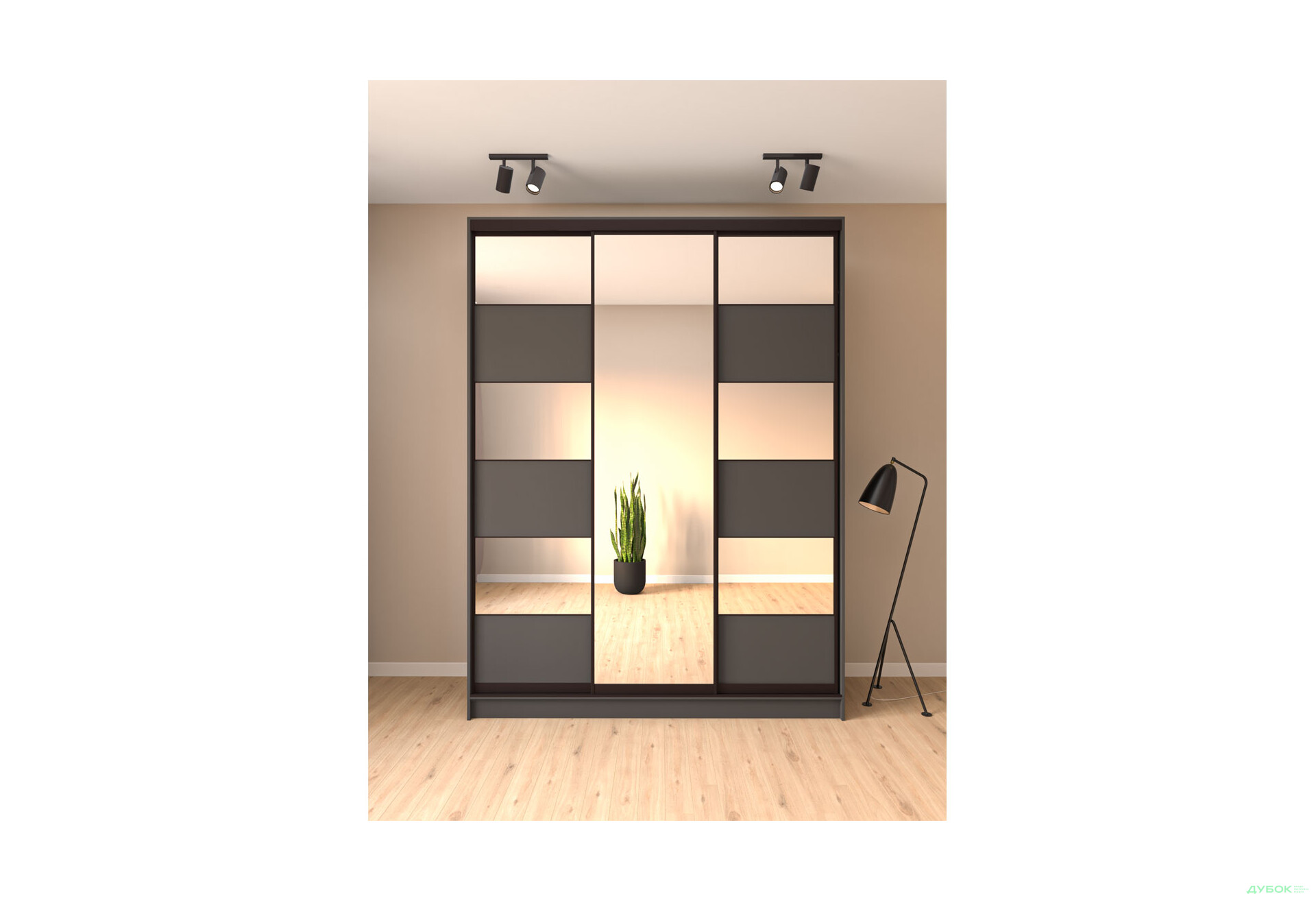 Шафа-купе Київський стандарт 3-дверна з дзеркалом та комбі ДСП / дзеркало 180x240x60 см, антрацит - Зображення 2 Зображення 2 - Шафа-купе Київський стандарт 3-дверна з дзеркалом та комбі ДСП / дзеркало 180x240x60 см, антрацит