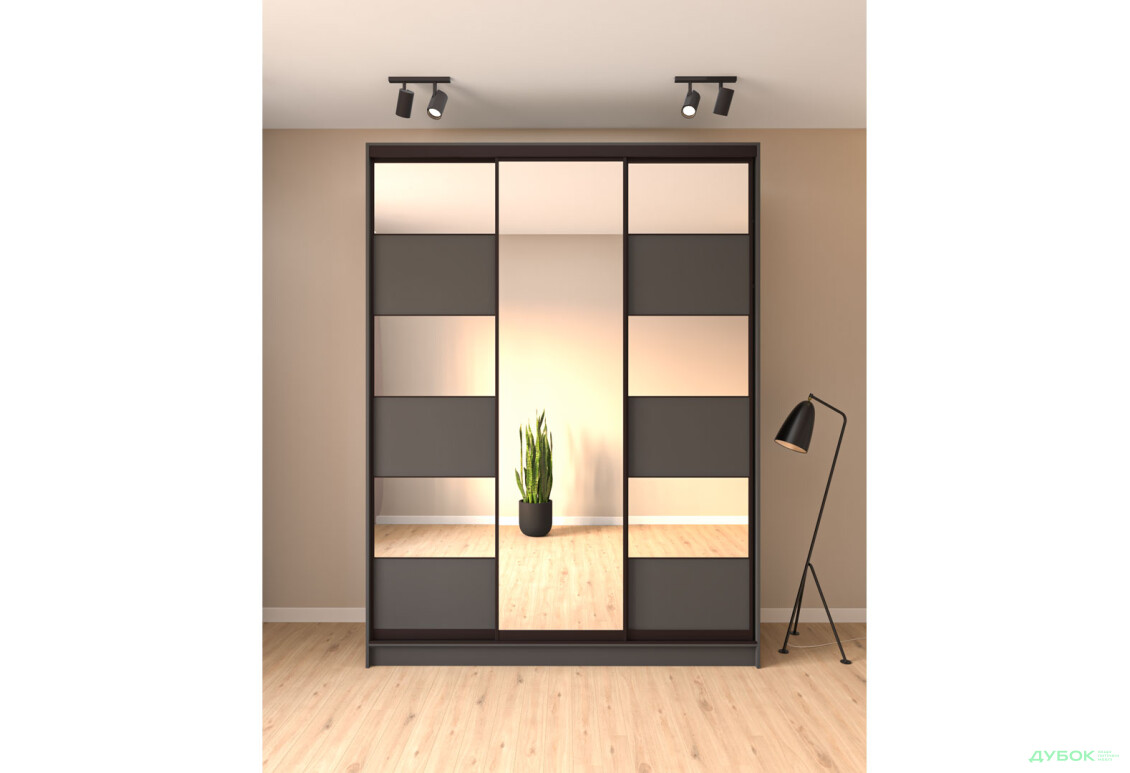 Шафа-купе Київський стандарт 3-дверна з дзеркалом та комбі ДСП / дзеркало 180x240x60 см, антрацит - Зображення 2 Зображення 2 - Шафа-купе Київський стандарт 3-дверна з дзеркалом та комбі ДСП / дзеркало 180x240x60 см, антрацит