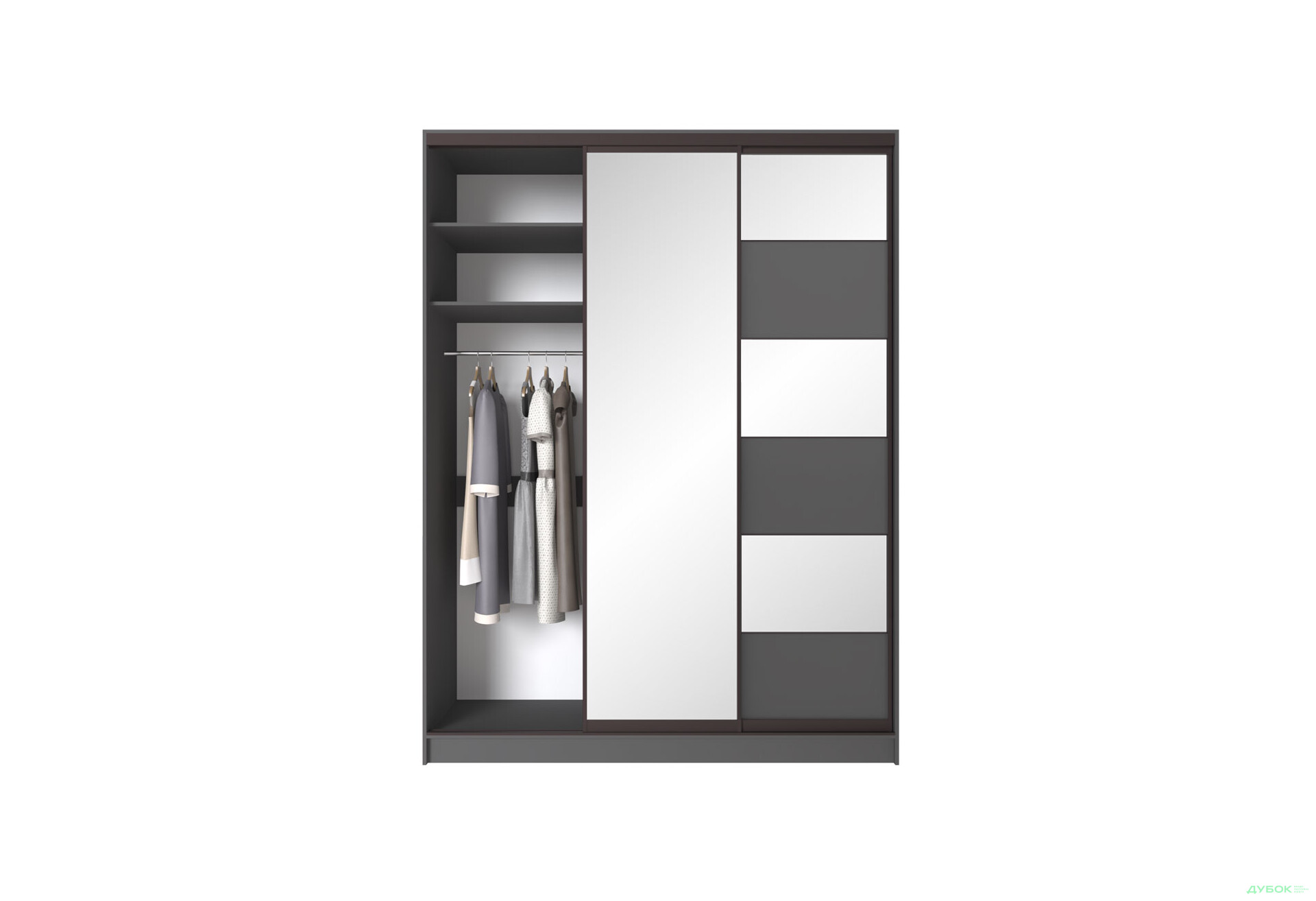 Шафа-купе Київський стандарт 3-дверна з дзеркалом та комбі ДСП / дзеркало 180x240x60 см, антрацит - Зображення 5 Зображення 5 - Шафа-купе Київський стандарт 3-дверна з дзеркалом та комбі ДСП / дзеркало 180x240x60 см, антрацит