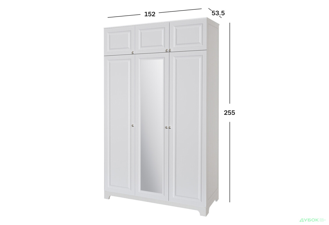 Шкаф Вип-Мастер Мадрид МДФ 3-дверный с антресолью и зеркалом V.1 152 см, белый - Изображение 2 Изображение 2 - Шкаф Вип-Мастер Мадрид МДФ 3-дверный с антресолью и зеркалом V.1 152 см, белый