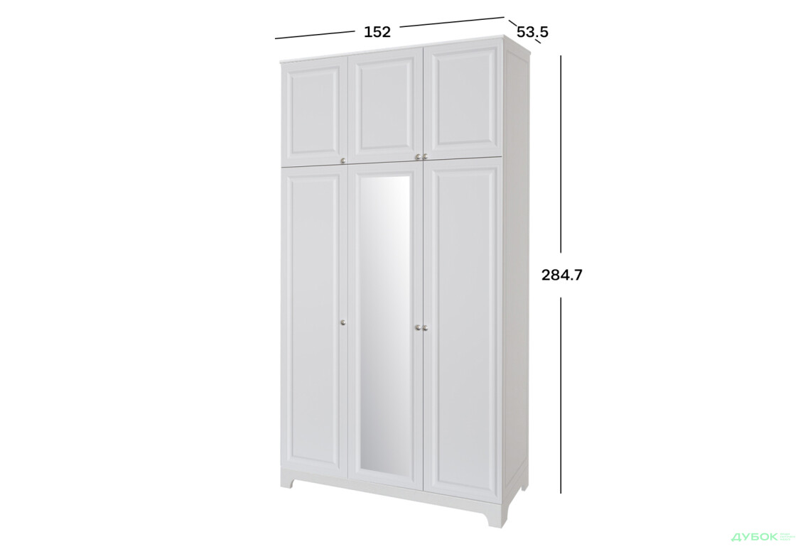 Шафа VIP-master Мадрид МДФ 3-дверна з високою антресоллю та дзеркалом V.1 152 см, білий - Зображення 2 Зображення 2 - Шафа VIP-master Мадрид МДФ 3-дверна з високою антресоллю та дзеркалом V.1 152 см, білий