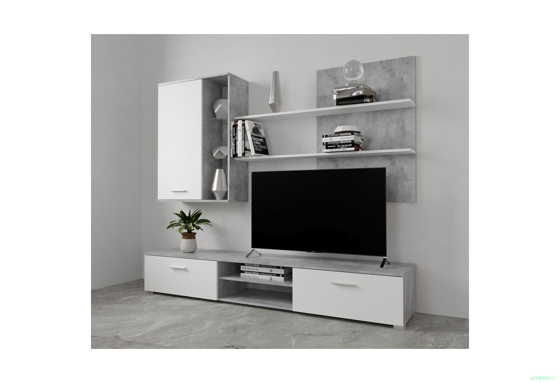 Стінка Гербор Кватро 200 см бетон ательєр / німфеа альба (полиця німфеа альба) - Зображення 1 Зображення 1 - Стінка Гербор Кватро 200 см бетон ательєр / німфеа альба (полиця німфеа альба)