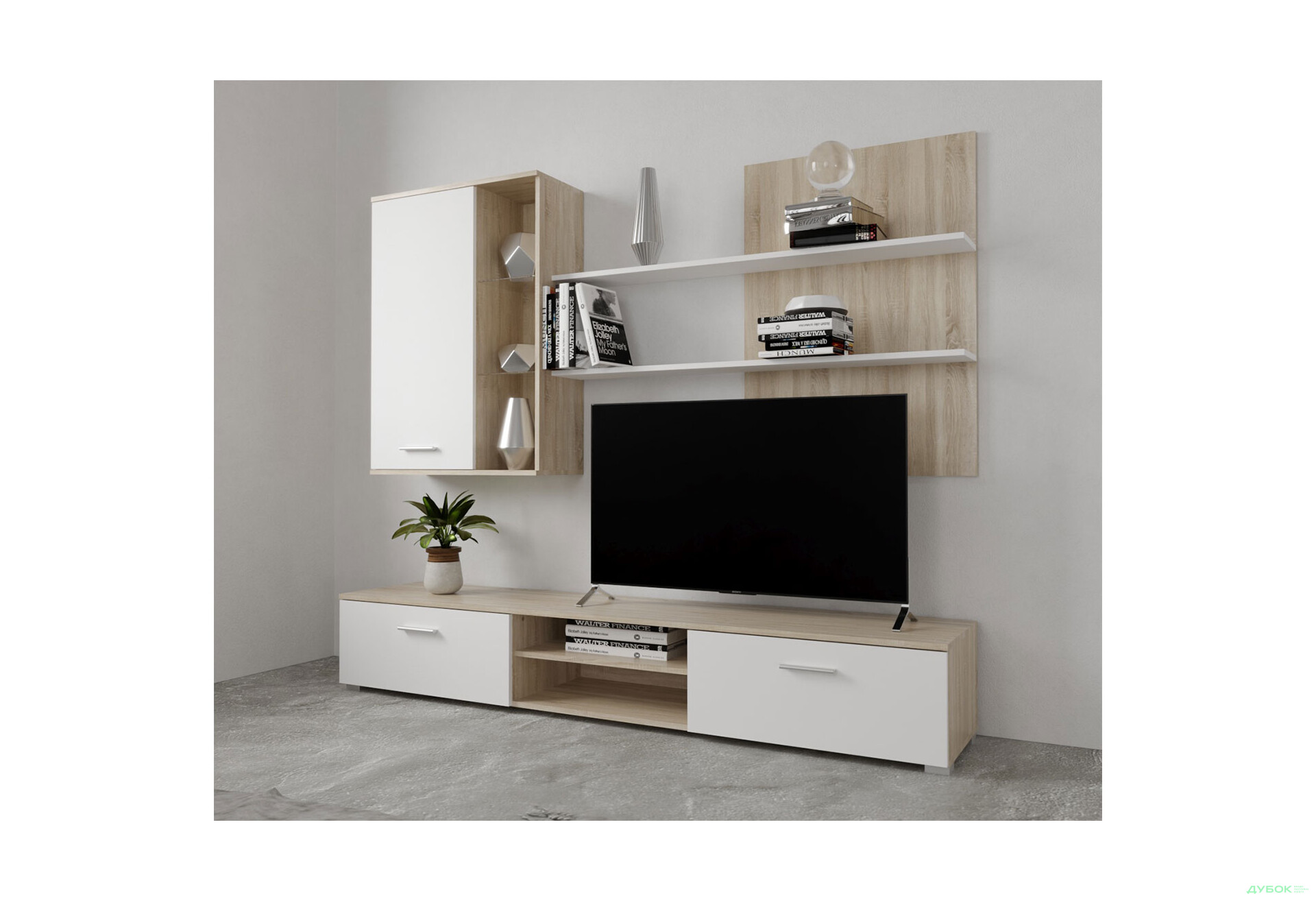 Стінка Гербор Кватро 200 см дуб сонома / німфеа альба (полиця німфеа альба) - Зображення 1 Зображення 1 - Стінка Гербор Кватро 200 см дуб сонома / німфеа альба (полиця німфеа альба)