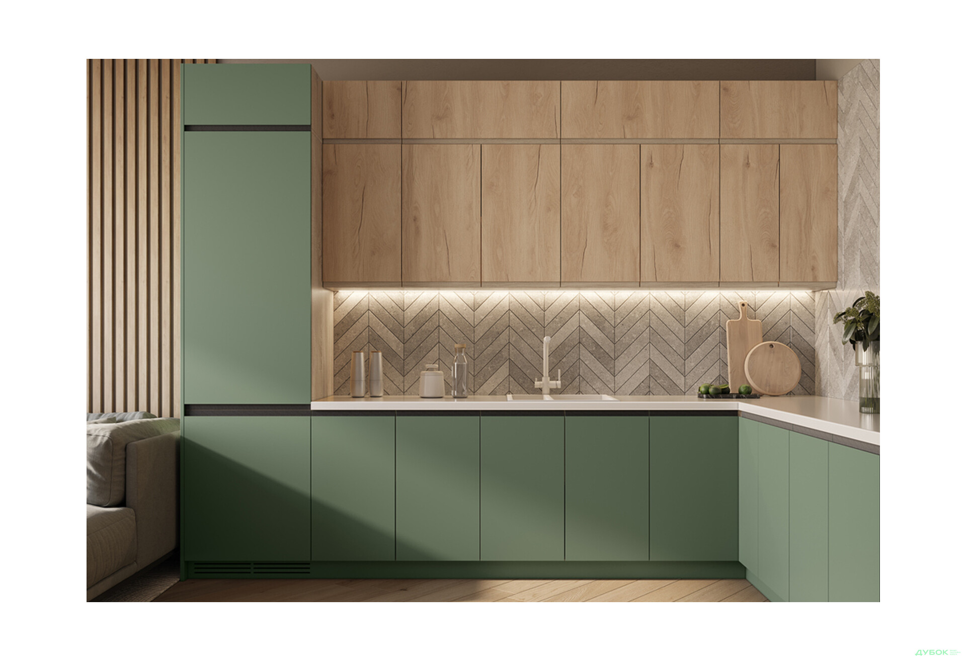 Кухня кутова Світ Меблів Тіна 3.2х1.8 Дуб сонома / верх Дуб королівський, ручка дуб сонома, низ Зелений димчастий, ручка чорна - Зображення 1 Зображення 1 - Кухня кутова Світ Меблів Тіна 3.2х1.8 Дуб сонома / верх Дуб королівський, ручка дуб сонома, низ Зелений димчастий, ручка чорна
