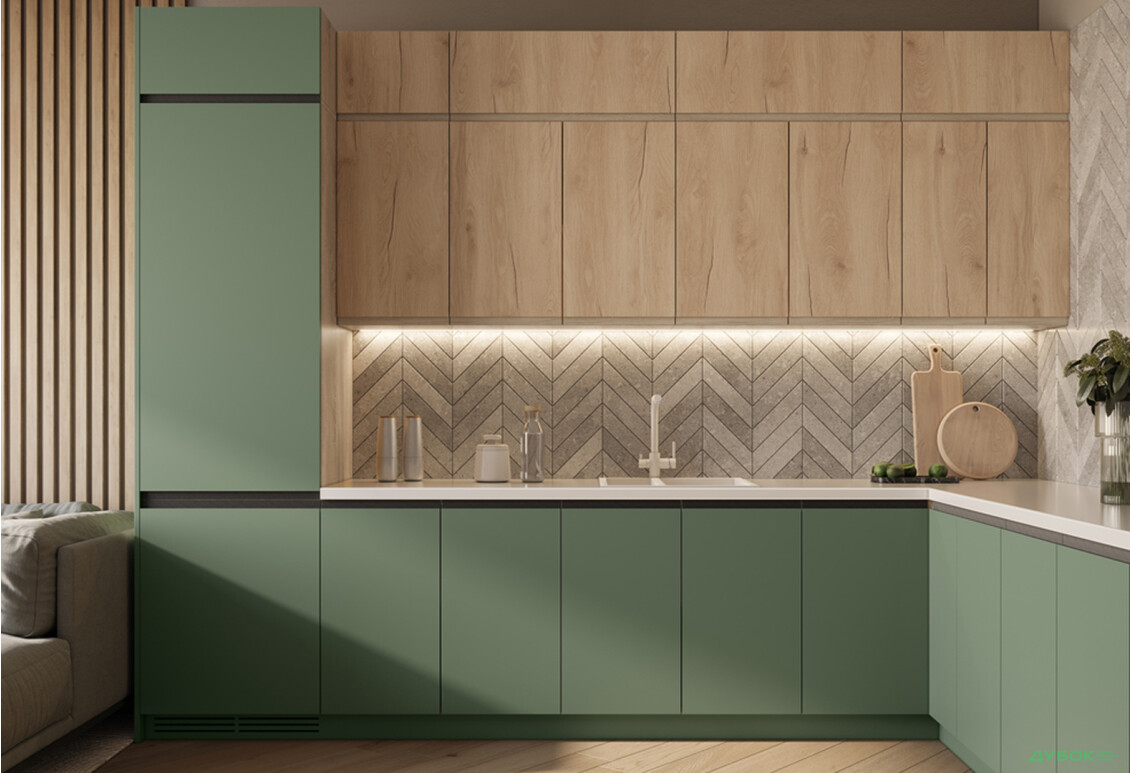 Кухня кутова Світ Меблів Тіна 3.2х1.8 Дуб сонома / верх Дуб королівський, ручка дуб сонома, низ Зелений димчастий, ручка чорна - Зображення 1 Зображення 1 - Кухня кутова Світ Меблів Тіна 3.2х1.8 Дуб сонома / верх Дуб королівський, ручка дуб сонома, низ Зелений димчастий, ручка чорна