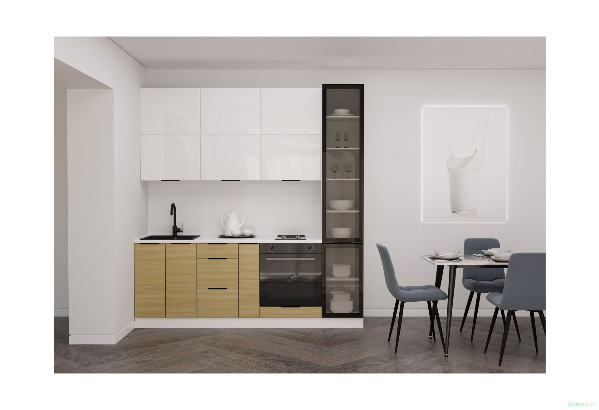 Кухня Мебель Стар Диплос / Diplos Blum 2.2 с витриной, аляска белая / верх белый Gloss, низ натуральное дерево - Изображение 1 Изображение 1 - Кухня Мебель Стар Диплос / Diplos Blum 2.2 с витриной, аляска белая / верх белый Gloss, низ натуральное дерево