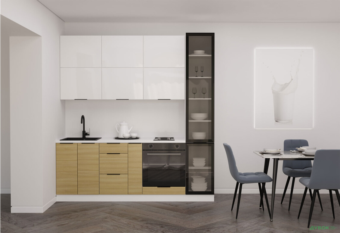 Кухня Мебель Стар Диплос / Diplos Blum 2.2 с витриной, аляска белая / верх белый Gloss, низ натуральное дерево - Изображение 1 Изображение 1 - Кухня Мебель Стар Диплос / Diplos Blum 2.2 с витриной, аляска белая / верх белый Gloss, низ натуральное дерево