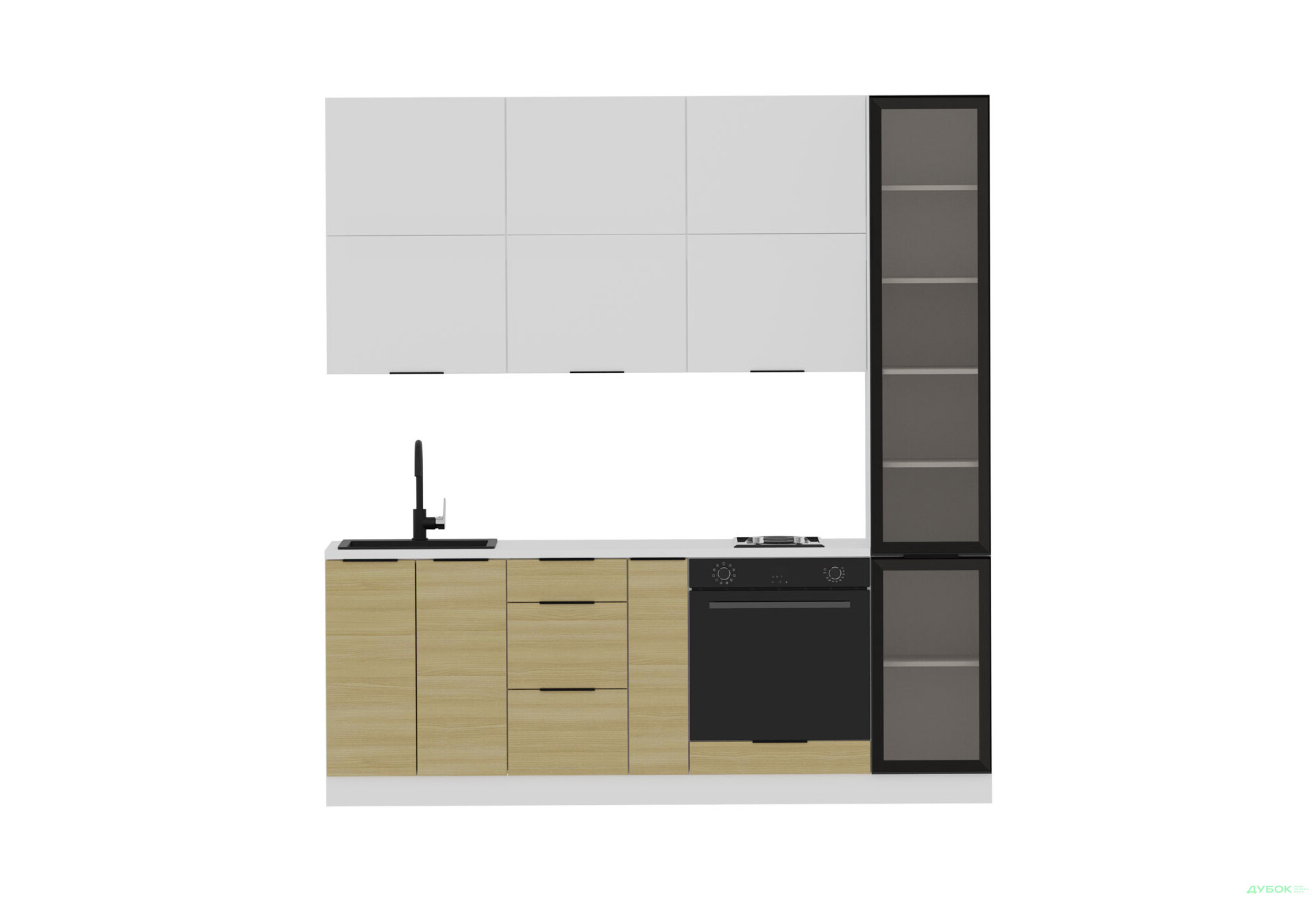 Кухня Мебель Стар Диплос / Diplos Blum 2.2 с витриной, аляска белая / верх белый Gloss, низ натуральное дерево - Изображение 2 Изображение 2 - Кухня Мебель Стар Диплос / Diplos Blum 2.2 с витриной, аляска белая / верх белый Gloss, низ натуральное дерево