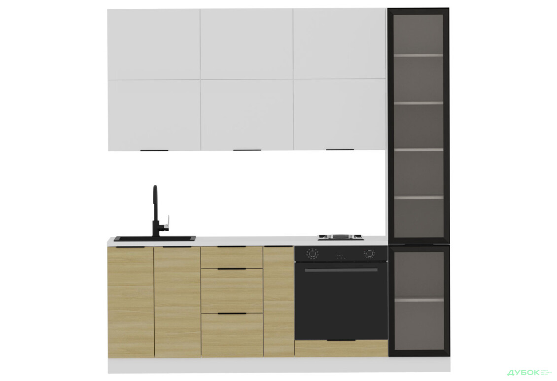 Кухня Мебель Стар Диплос / Diplos Blum 2.2 с витриной, аляска белая / верх белый Gloss, низ натуральное дерево - Изображение 2 Изображение 2 - Кухня Мебель Стар Диплос / Diplos Blum 2.2 с витриной, аляска белая / верх белый Gloss, низ натуральное дерево