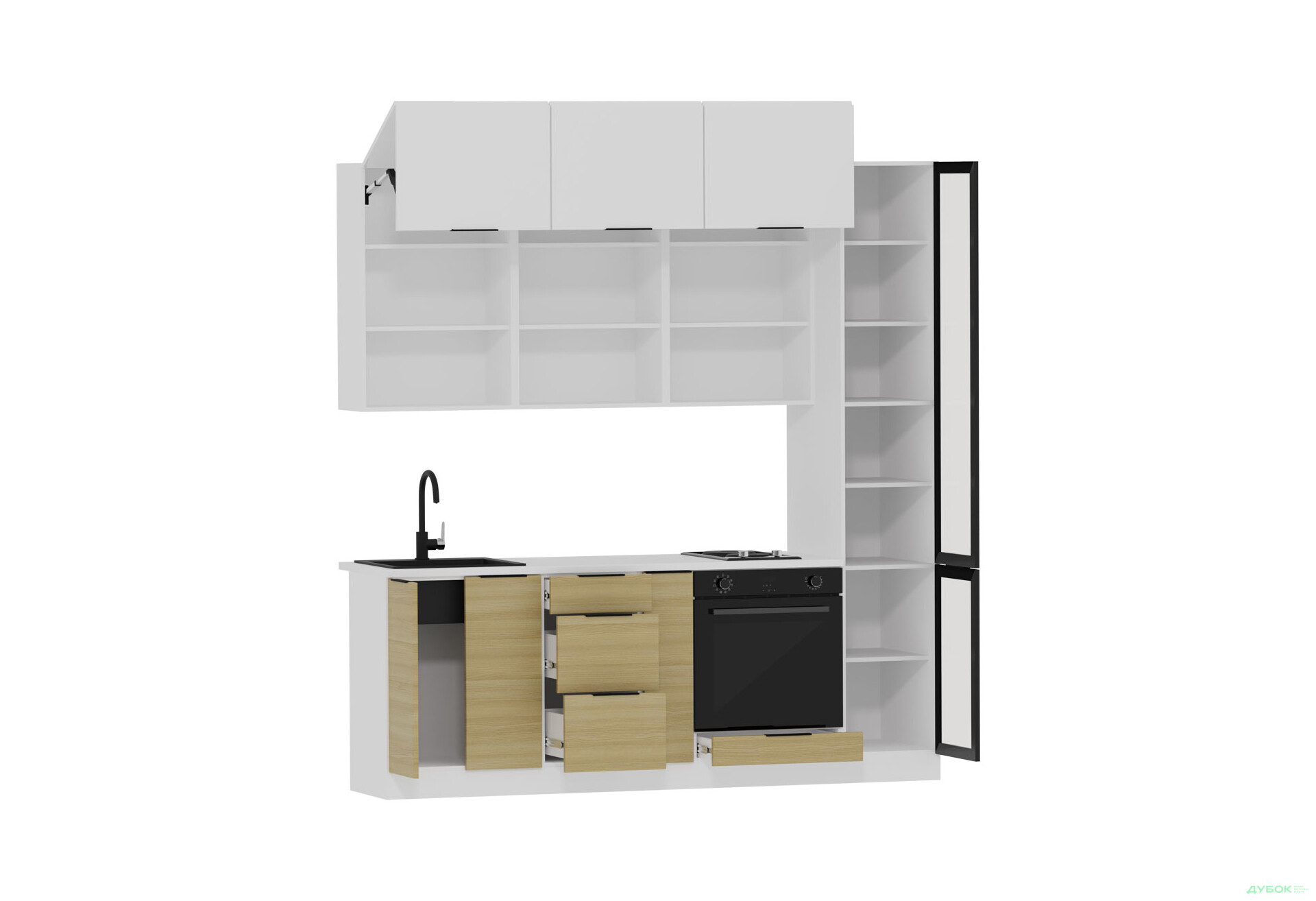 Кухня Мебель Стар Диплос / Diplos Blum 2.2 с витриной, аляска белая / верх белый Gloss, низ натуральное дерево - Изображение 3 Изображение 3 - Кухня Мебель Стар Диплос / Diplos Blum 2.2 с витриной, аляска белая / верх белый Gloss, низ натуральное дерево